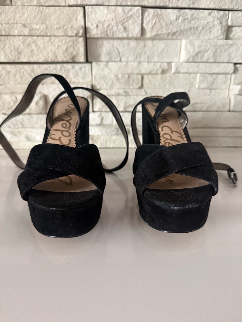 Sam Edelman Black Suede Platform Sandals with Ankle Wrap